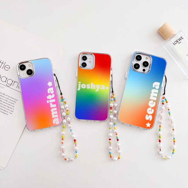 Designer Customised Name Mirror Gradient iPhone Case With Beaded Charm