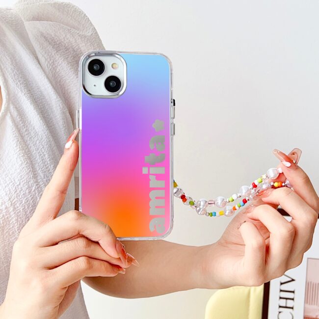 Designer Customised Name Mirror Gradient iPhone Case With Beaded Charm
